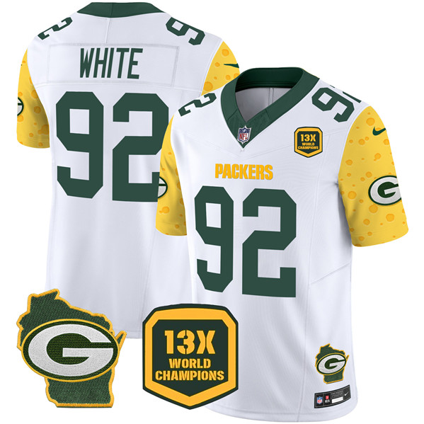 Men's Green Bay Packers #92 Reggie White Cheese White 2024 F.U.S.E. 13 Time World Champions And Home Patch Vapor Untouchable Limited Stitched Football Jersey Men's Green Bay Packers #92 Reggie White Cheese White 2024 F.U.S.E. 13 Time World Champions And Home Patch Vapor Untouchable Limited Stitched Football Jersey